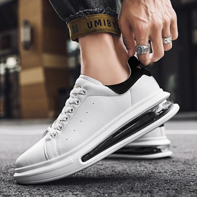 Brooks & Beck AeroMax Sneaker in White and Black - On Foot Angled View