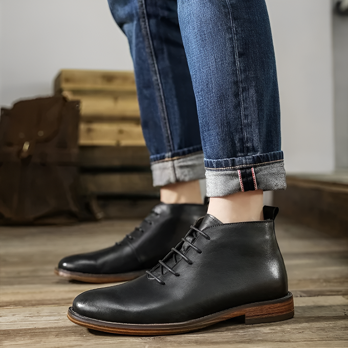 Brooks & Beck Ashford Leather Boot in Black - Side View on Foot