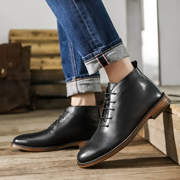 Brooks & Beck Ashford Leather Boot in Black - Side View on Foot 2