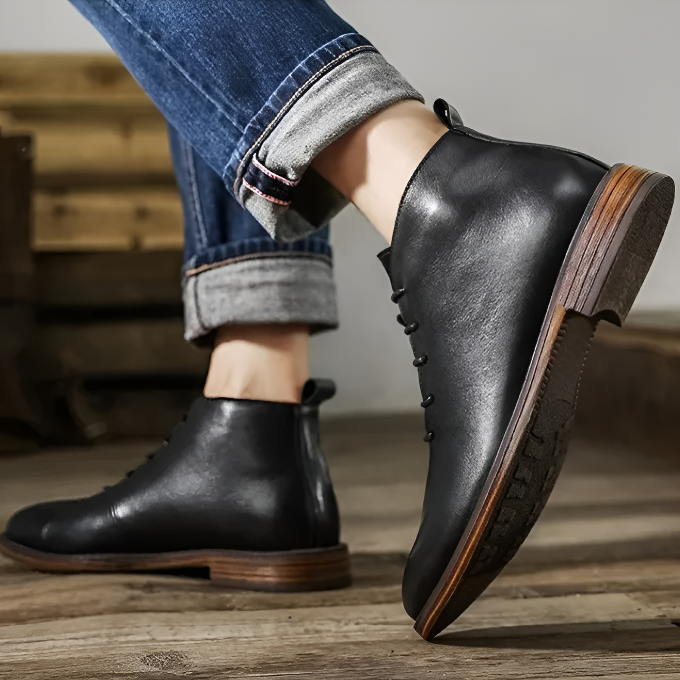 Brooks & Beck Ashford Leather Boot in Black - Side View on Foot 3