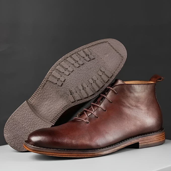Brooks & Beck Ashford Leather Boot in Brown - Angled View with Sole