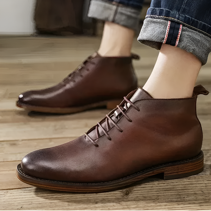 Brooks & Beck Ashford Leather Boot in Brown - Side View on Foot