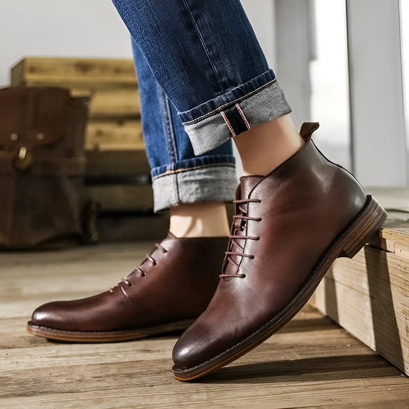 Brooks & Beck Ashford Leather Boot in Brown - Side View on Foot 2