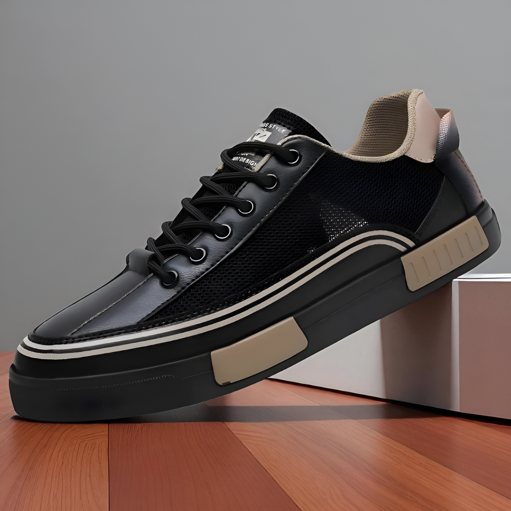 Brooks & Beck Camden Breeze Sneakers in Black and Brown - Angled View