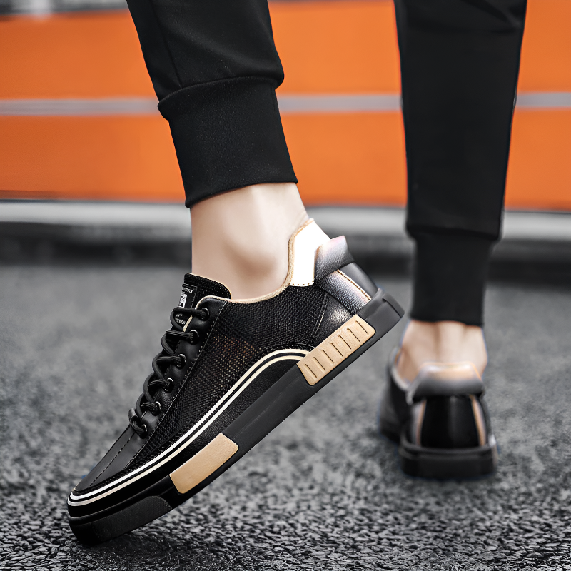 Brooks & Beck Camden Breeze Sneakers in Black and Brown - Side Profile on Foot