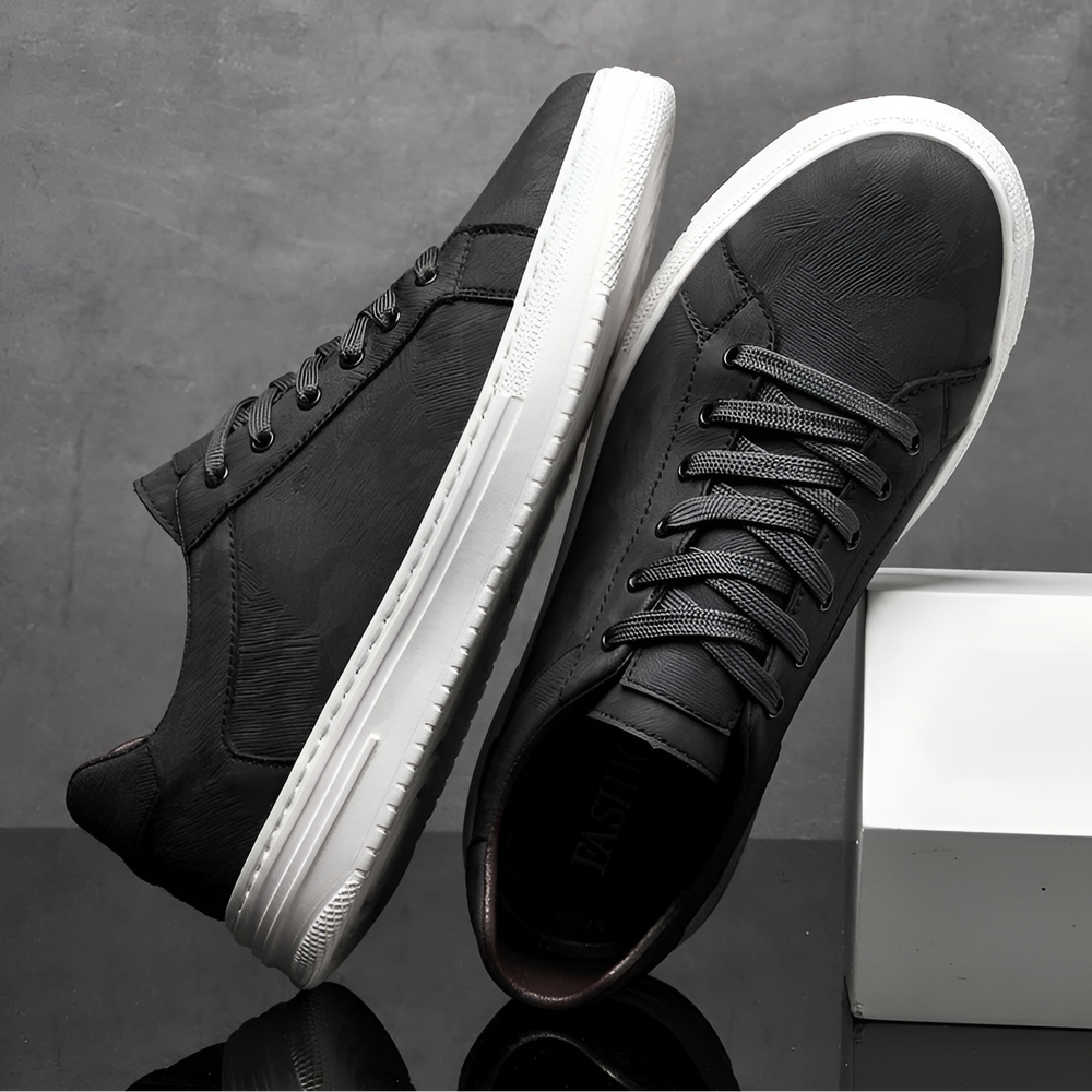 Brooks & Beck Camden Camo Sneaker in Black - Angled View