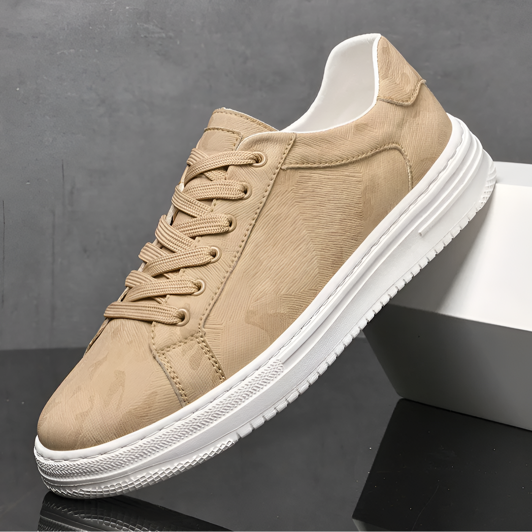 Brooks & Beck Camden Camo Sneaker in Sand - Side Profile