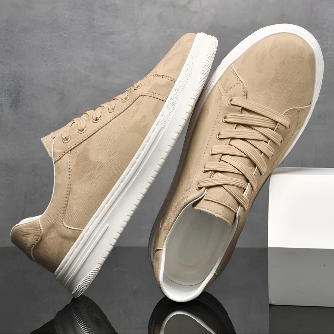 Brooks & Beck Camden Camo Sneaker in Sand - Side Profile