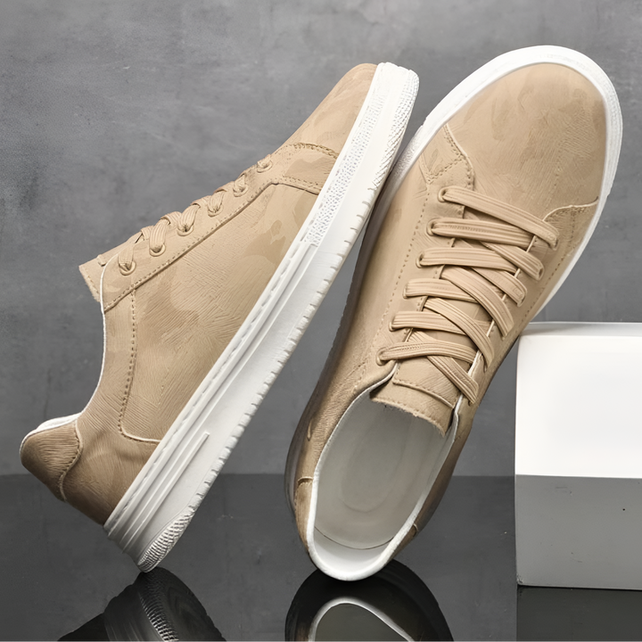 Brooks & Beck Camden Camo Sneaker in Sand - Side Profile