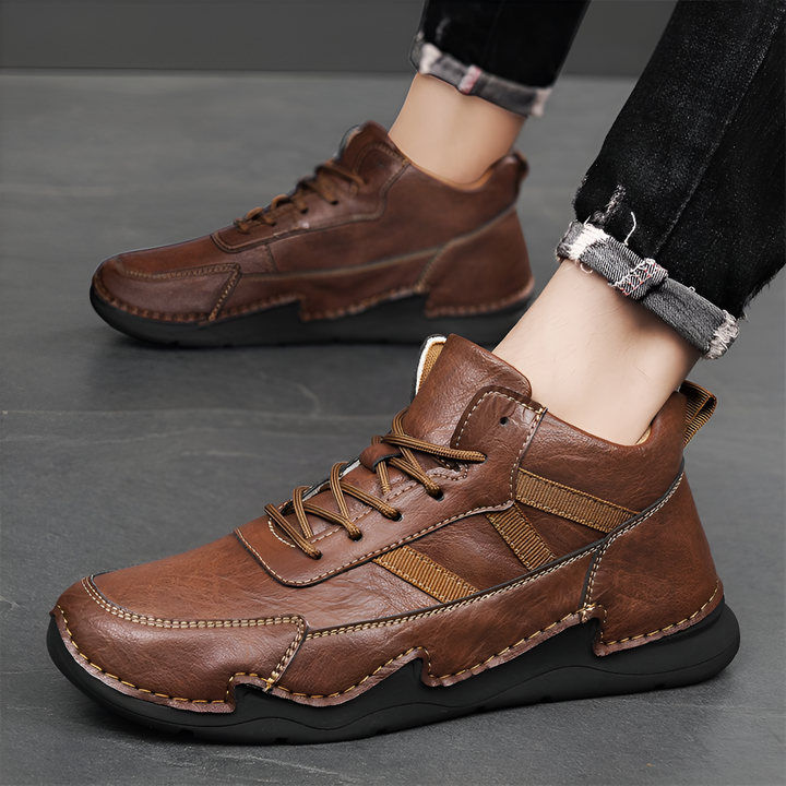 Brooks & Beck Haven Leather Sneaker Boot in Brown - Side Profile on Foot