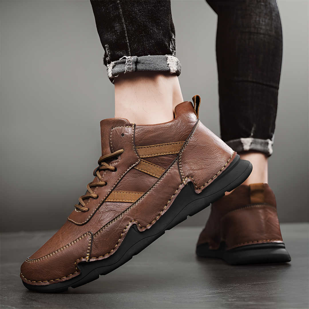 Brooks & Beck Haven Leather Sneaker Boot in Brown - Angled View on Foot