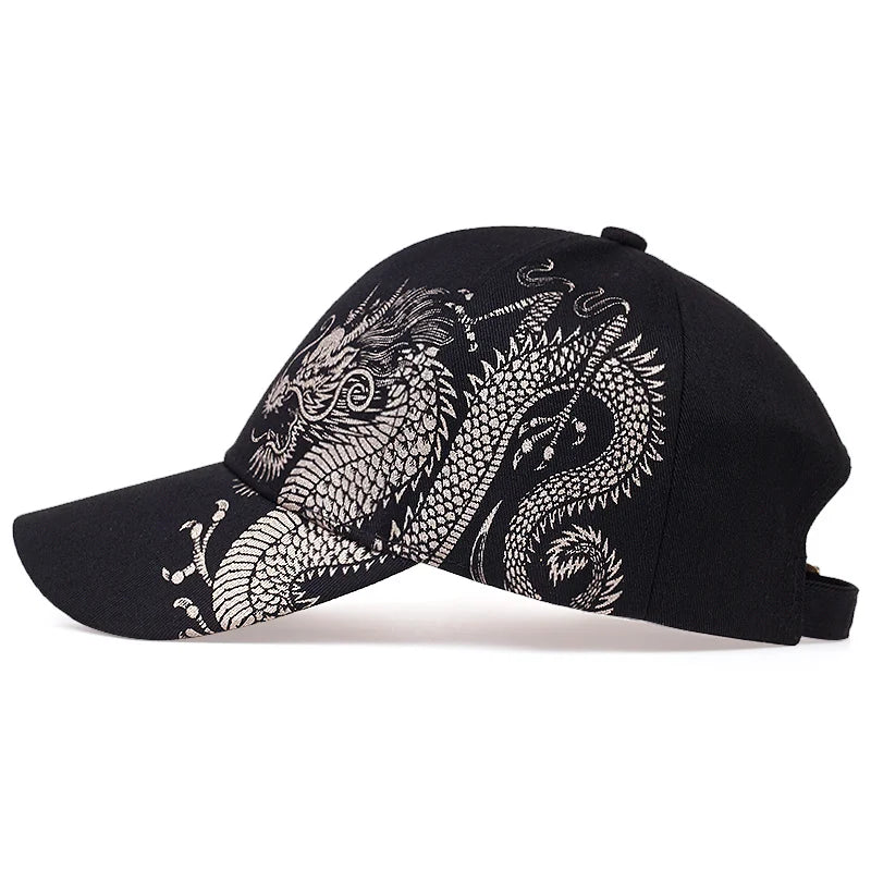 Brooks & Beck Imperial Dragon Cap in Black - Embroidered Detail Side Profile