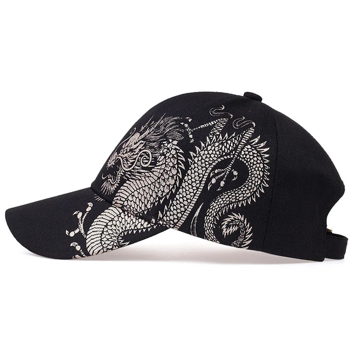 Brooks & Beck Imperial Dragon Cap in Black - Embroidered Detail Side Profile