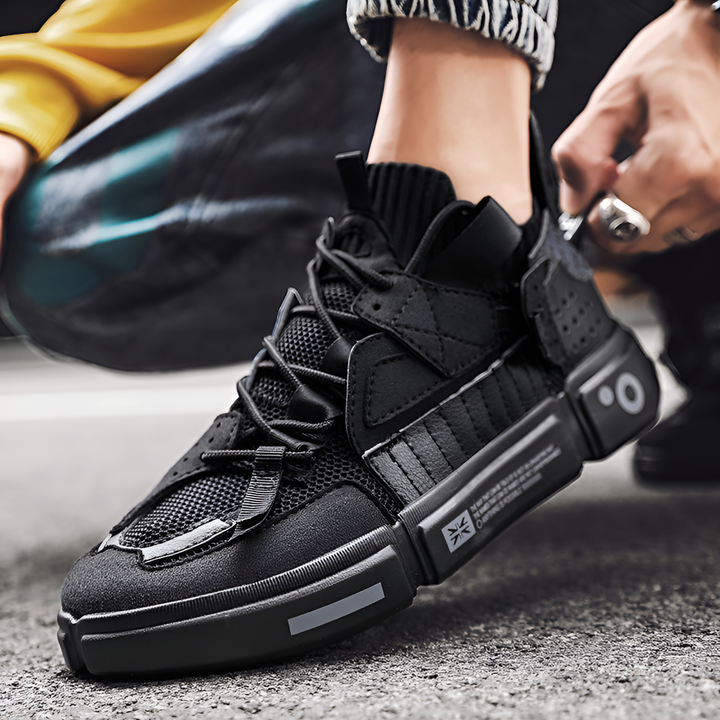 Brooks & Beck Kova-01 Trainers in Black - Angled View on Foot