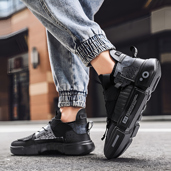 Brooks & Beck Kova-01 Trainers in Black - Back and Side View on Foot