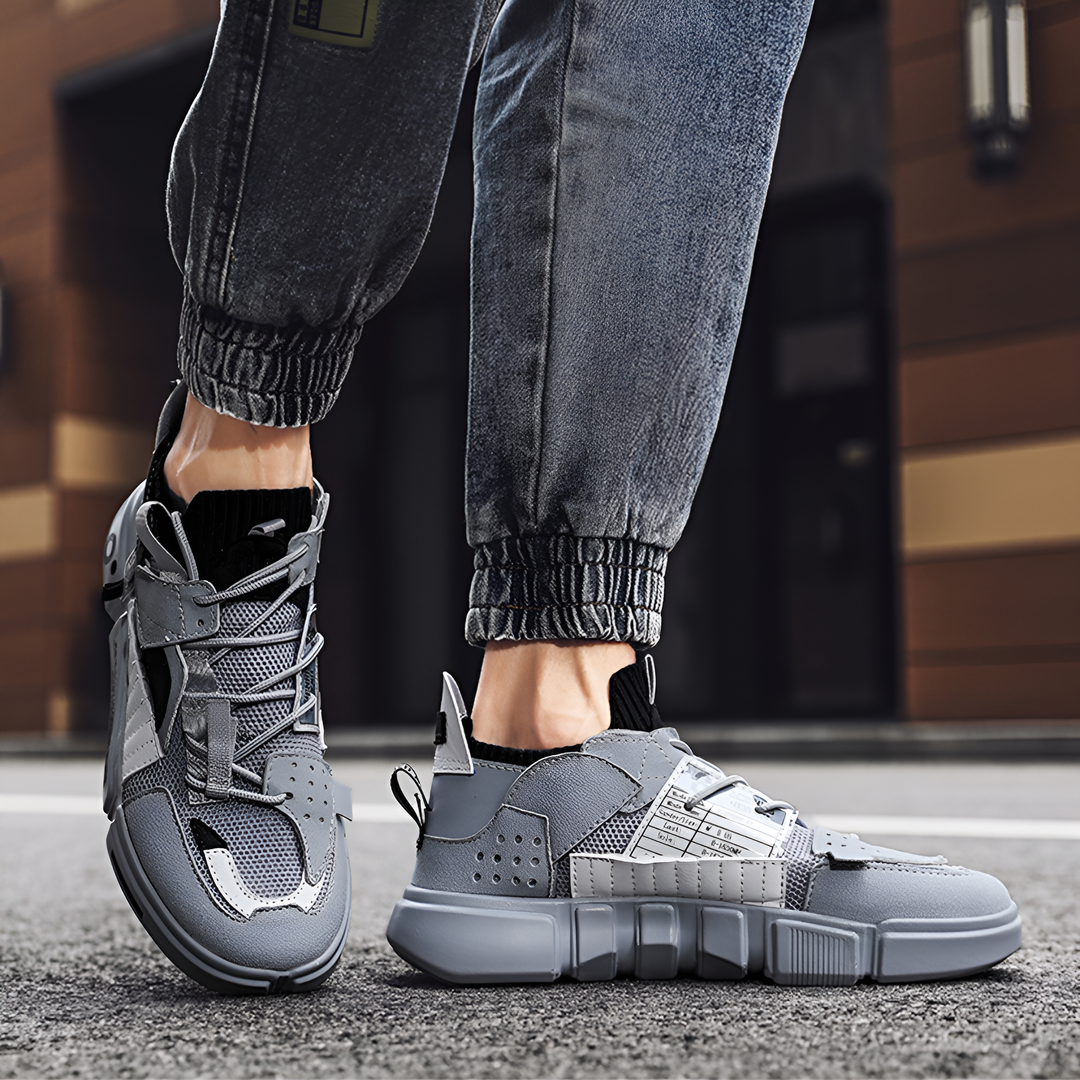 Brooks & Beck Kova-01 Trainers in Grey - Front and Side View on Foot