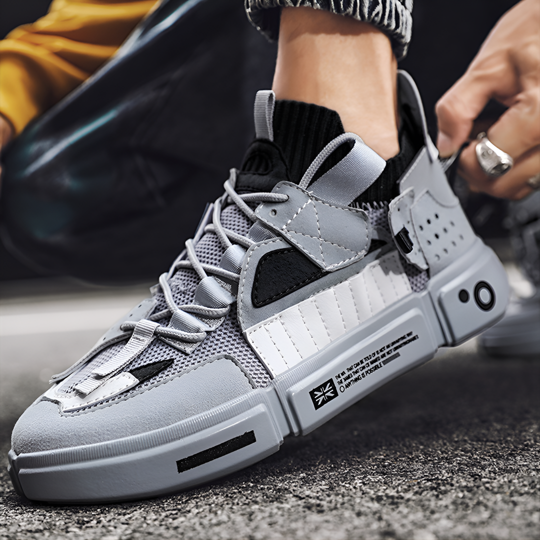 Brooks & Beck Kova-01 Trainers in Grey - Angled View on Foot