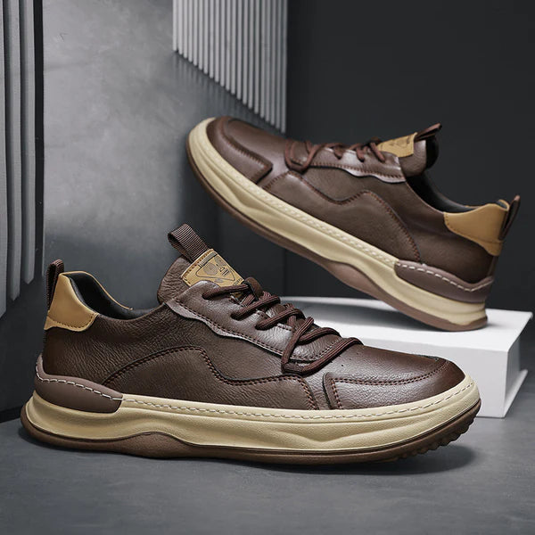 Brooks & Beck Marlow Leather Sneakers in Brown - Side Profile Stacked
