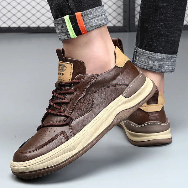 Brooks & Beck Marlow Leather Sneakers in Brown - Side Profile on Foot