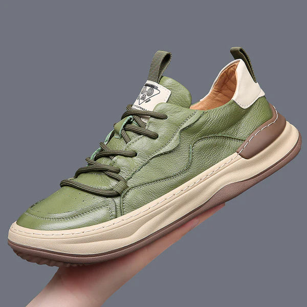 Brooks & Beck Marlow Leather Sneakers in Green - Side Profile in Hand