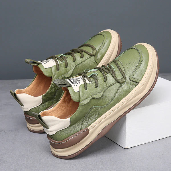 Brooks & Beck Marlow Leather Sneakers in Green - Angled Top View