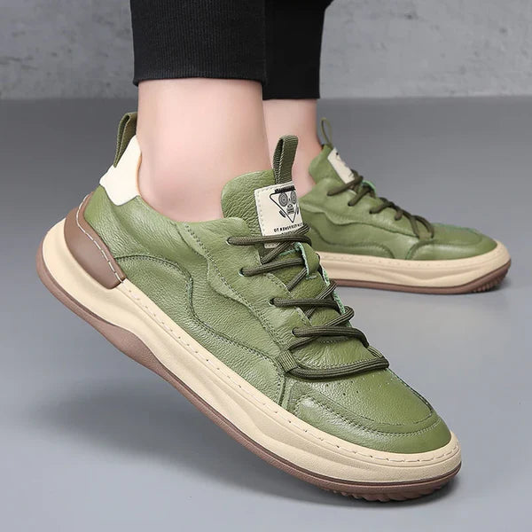 Brooks & Beck Marlow Leather Sneakers in Green - Side View on Foot