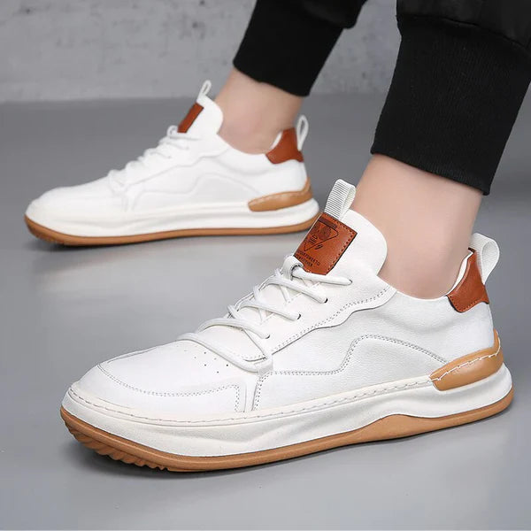 Brooks & Beck Marlow Leather Sneakers in White - Side View on Foot