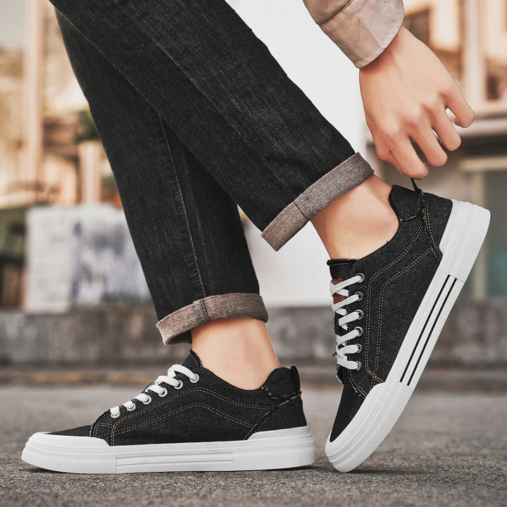 Brooks & Beck Mercer Denim Sneaker in Black - On Foot View