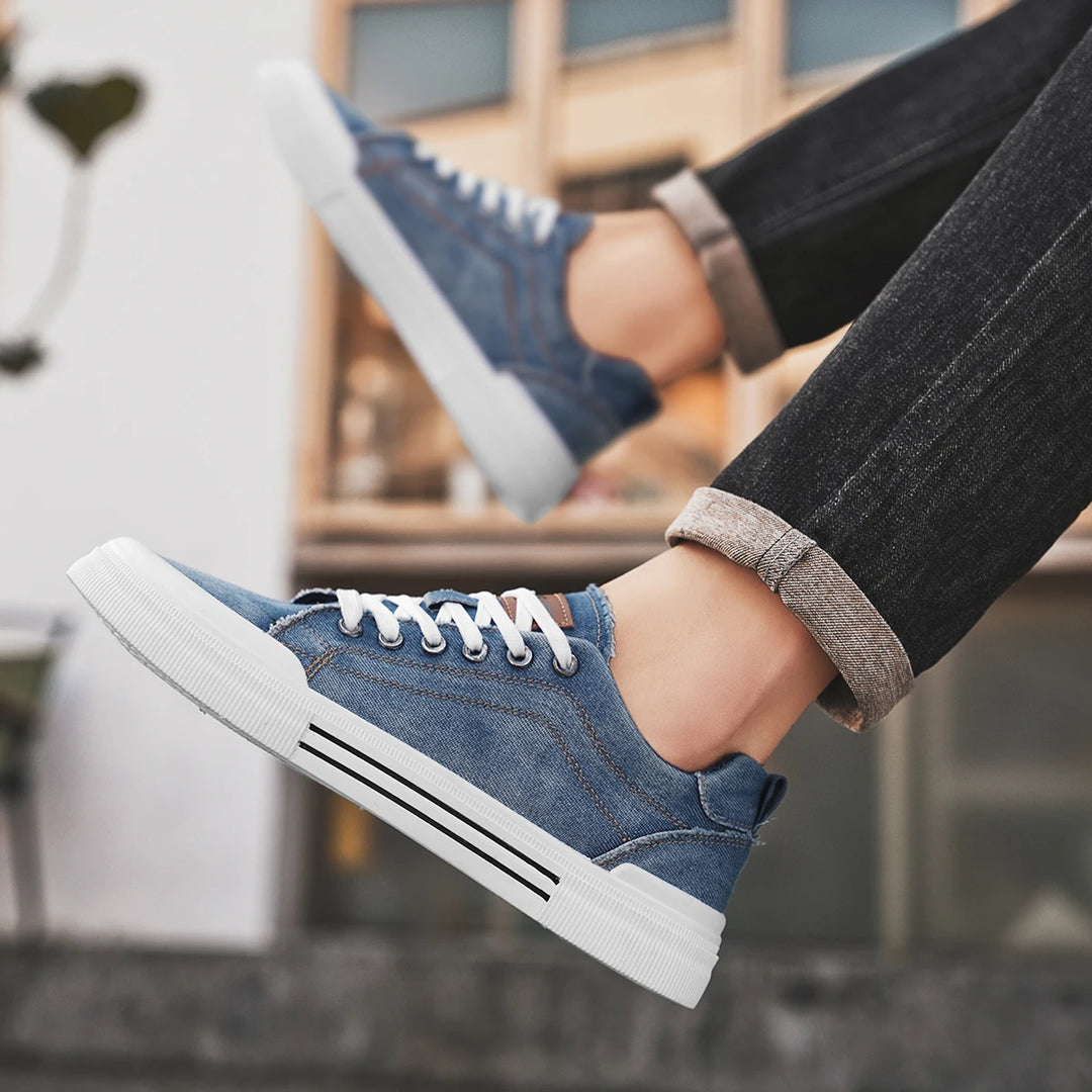 Brooks & Beck Mercer Denim Sneaker in Blue - On Foot View