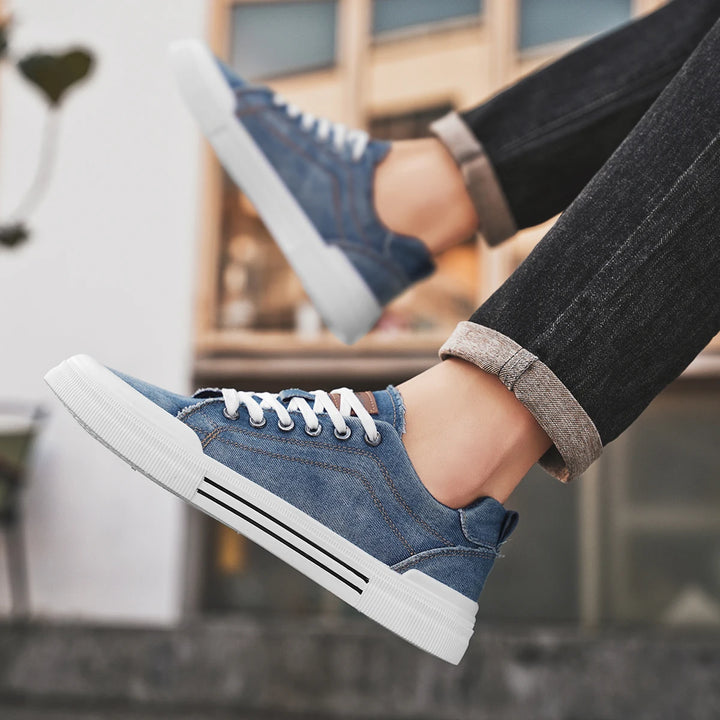 Brooks & Beck Mercer Denim Sneaker in Blue - On Foot View
