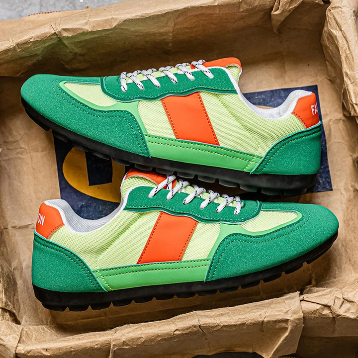 Brooks & Beck Vortex Retro Runner in Green and Orange - Angled View