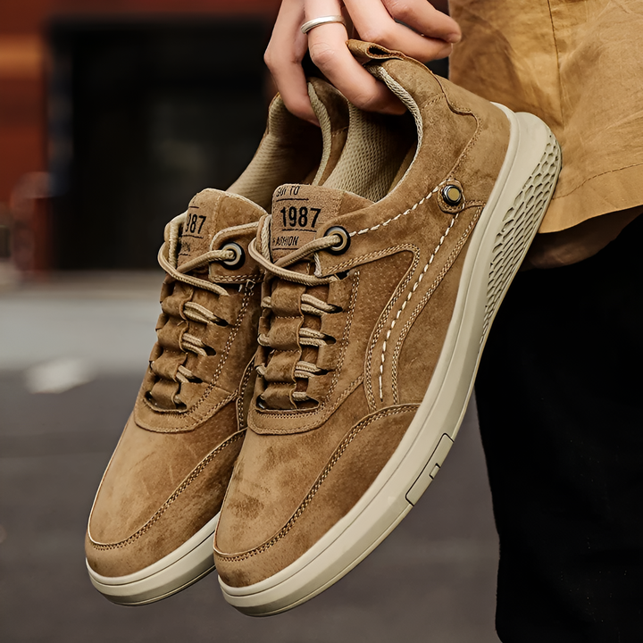Brooks & Beck Weston Suede Sneaker in Khaki - Angled View