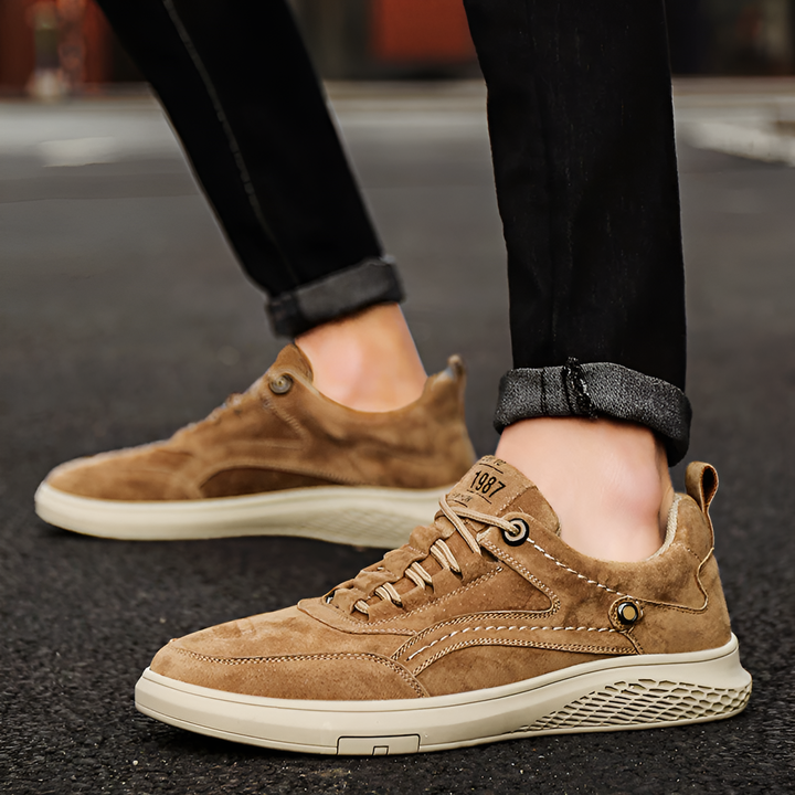 Brooks & Beck Weston Suede Sneaker in Khaki - Side Profile 1