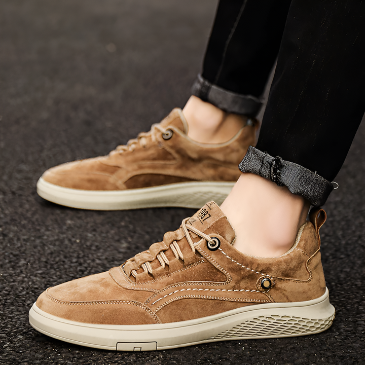 Brooks & Beck Weston Suede Sneaker in Khaki - Side Profile 2