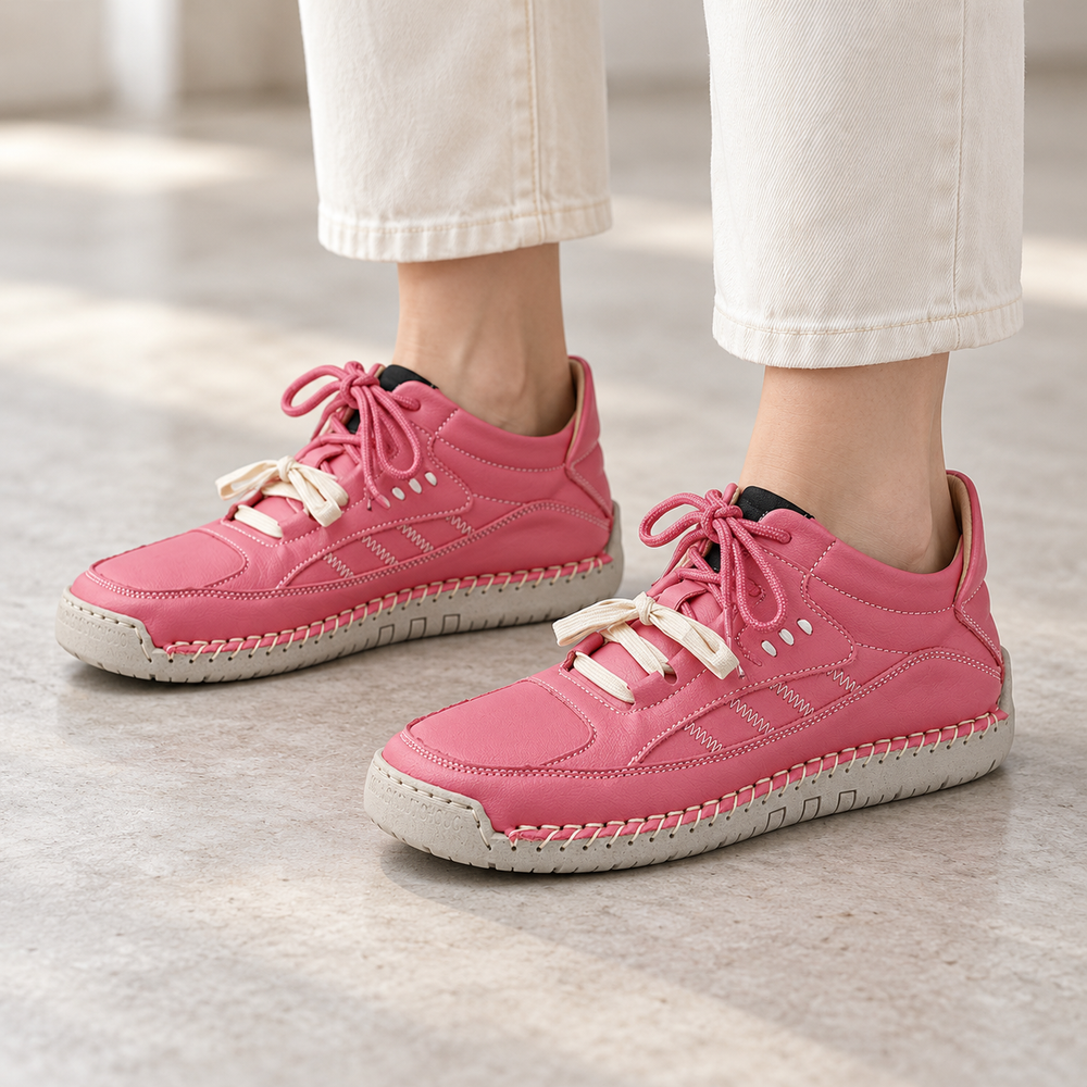 Harlow Leather Sneaker in Rose Pink — on-foot view