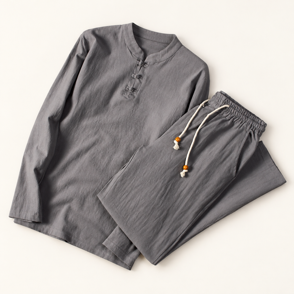 Lushan Mandarin Collar Set in Slate Grey with matching shirt and trousers