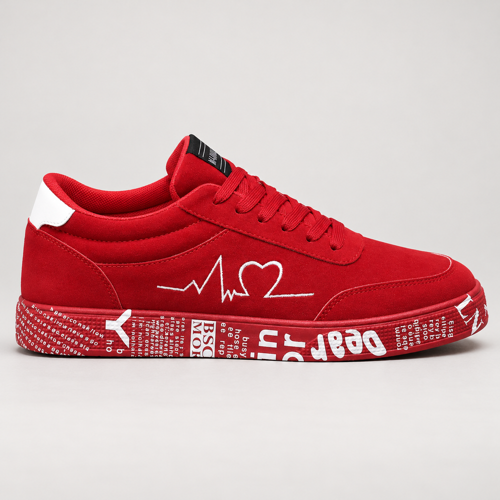 Crimson Red Pulse Street Sneaker in side profile with white heartbeat embroidery and a red graphic sole.