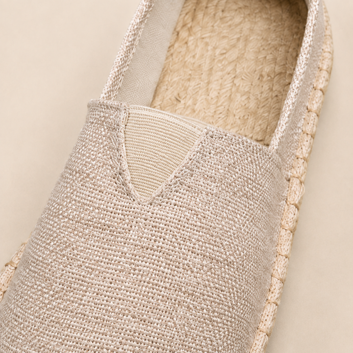 Close-up of beige Sorrento Espadrille canvas and elastic opening