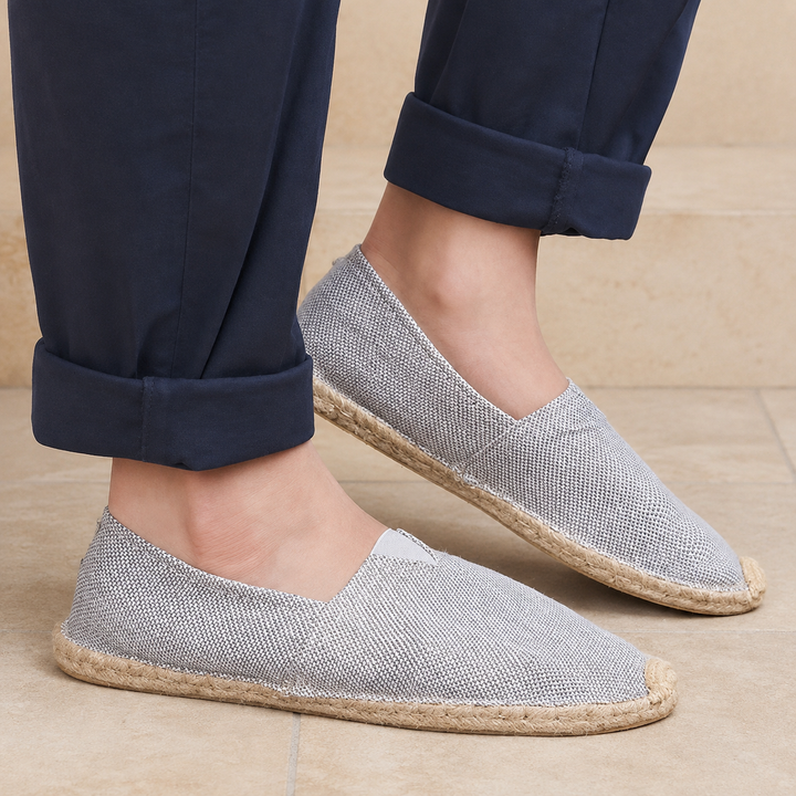 Gray Sorrento Espadrille worn with navy trousers