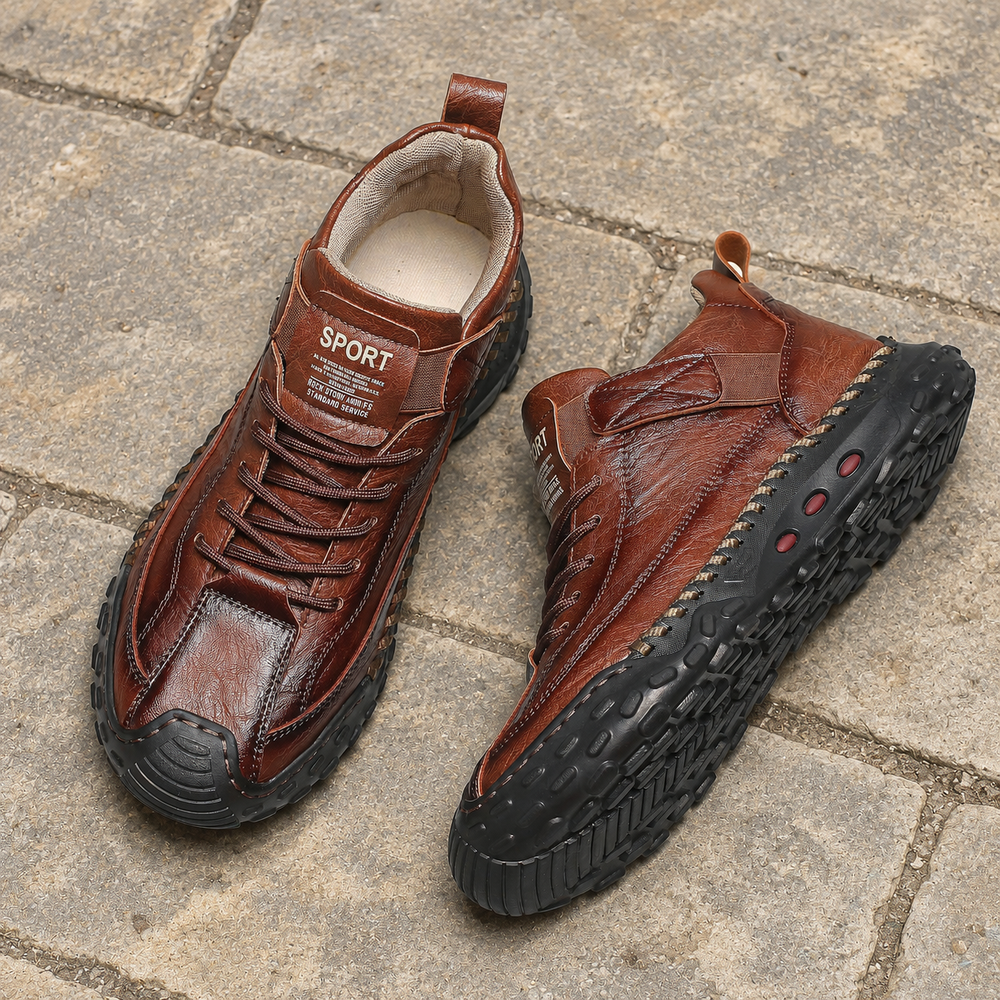 Brown Stoney Leather Sneaker pair on stone showing upper and outsole