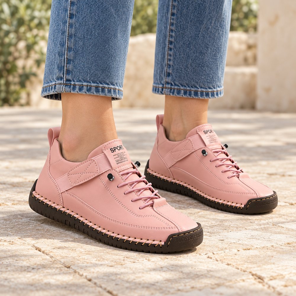 Blush Pink Willow Leather Sneakers worn with cropped blue jeans