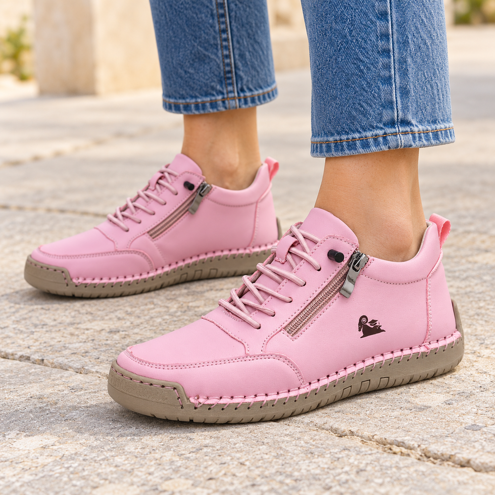 Willow Zip Sneaker in Blush Pink — on-foot styling view
